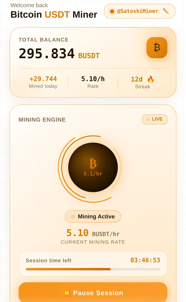 Home screen with an active mining session, a balance of 295 BUSDT and 3 hours 46 minutes left