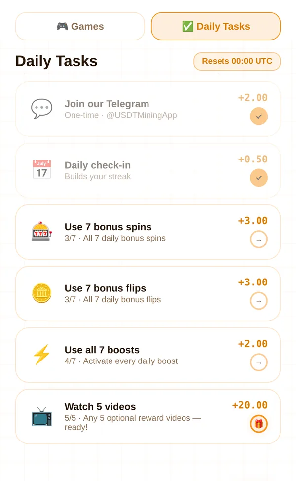 Daily task list with check-in, spin, flip, boost and video tasks